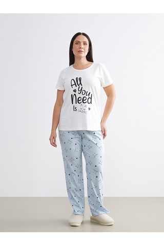 Lcw Dream Mavi Büyük Beden Bisiklet Yaka Baskılı Kadın Pijama Takımı