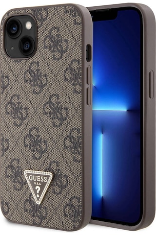 Apple Uyumlu iPhone 14 Kılıf Guess Lisanslı Pu Deri Taşlı Üçgen Logo 4g Desenli Kapak Kahverengi Kahverengi