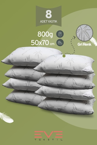 Eve Tekstil 8 Adet Bamboo Gri Serisi Kılıflı Fermuarlı Yıkanabilir Antialerjik Silikon Elyaf Yastık 50x70cm 800 Gr Gri