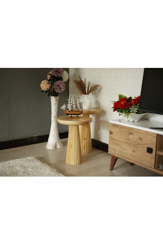 Ikili Ahşap Naturel Konik Yan Sehpa