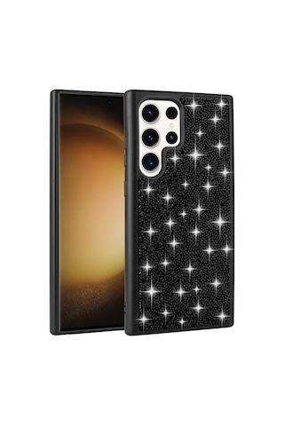 Zore Samsung Galaxy Uyumlu S22 Ultra Kılıf Parlak Taşlı Tasarım Omsy Pırlanta Kapak - Siyah