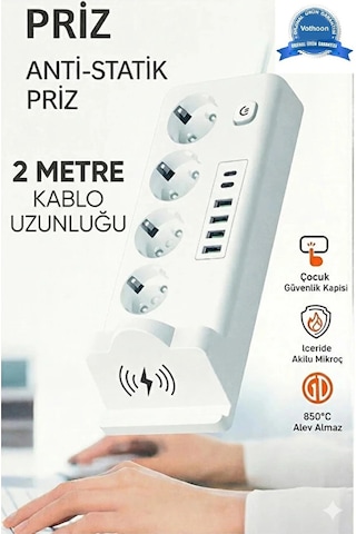 Akım Korumalı Priz Ve Masaüstü Şarj İstasyonu Kablosuz 4 Priz ,4 Usb, 2 Type-c Girişli 2 Metre 2 M
