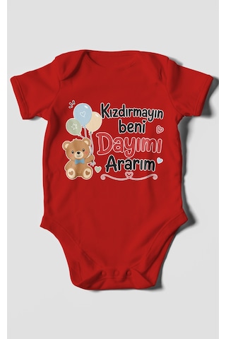 Morivokids Kızdırmayın Beni Dayımı Ararım Kısa Kollu Bebek Body %100 Pamuk Kırmızı