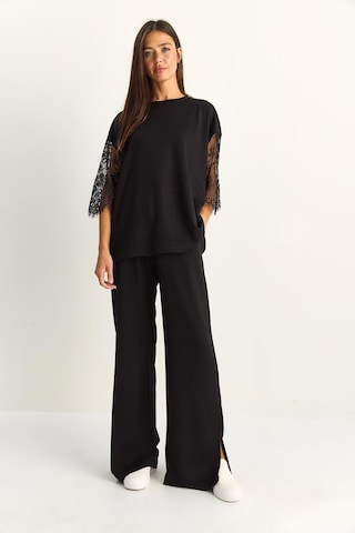 Shade Kadın Kolları Dantelli Oversize Basic T-shirt Beli Lastikli Bol Pantolon Alt-üst Modal Takım 4115 60286085 - Siyah