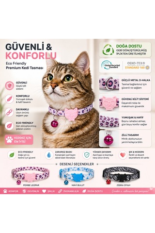 Desenli Kedi Boyun Tasması Geri Dönüştürülmüş İplik, Güvenli Kilit Sistemli, Konforlu Kullanım, Pembe Leopar