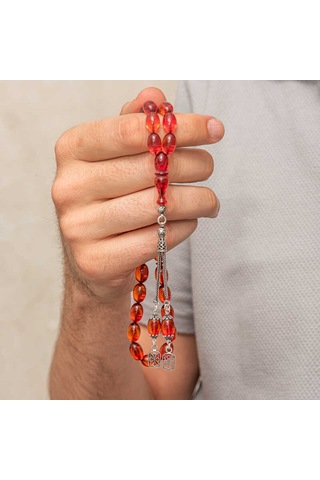 Gümüş Püsküllü Ateş Kehribar Tesbih Sl12420 Gümüş