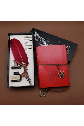Nostaljik Eşya Yazı Aracı Dekoratif Obje Tüylü Divit Hokka Kalem Ve Pusula Baskılı Defter Set Çok Renkli