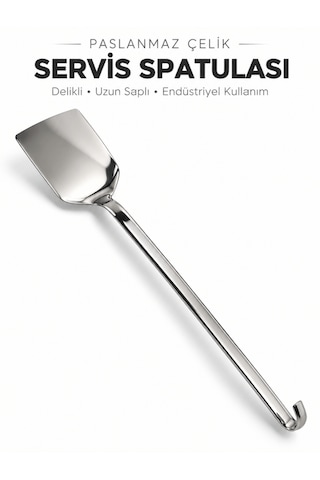 Beylini Endüstriyel Düz Servis Spatulası Delikli Paslanmaz Çelik Uzun Saplı Asılabilir Izgara Tava Lokanta Profesyonel Mutfak Gri No 1