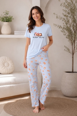 Wordex Mirano 4101 Desenli Kısa Kollu Pamuklu Kadın Pijama Takımı Mavi