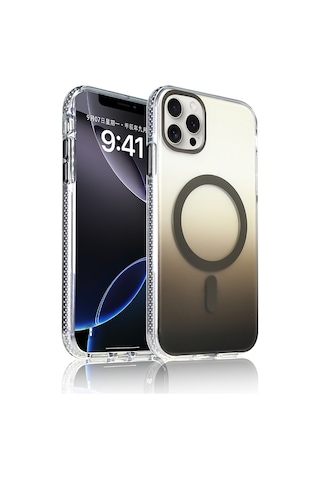 Techaks Apple Uyumlu iPhone 16 Pro Kılıf M-safe Şarj Özellikli Transparan Renk Geçişli Tchs Toros Kapak - Gri Gri