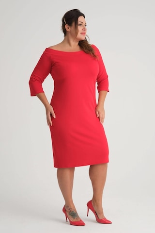 Kadın Kırmızı Carmen Yaka Truvakar Kol Büyük Beden Esnek Krep Elbise-kırmızı Kırmızı