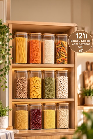 Porsima 7-4 Bambu Vakumlu Kapaklı Kare Borsilikat Cam 12li Kavanoz Seti Saklama Kabı 1900ml 9,5x27cm