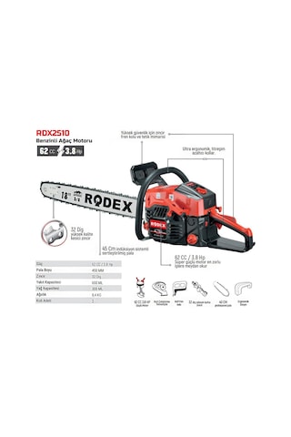 Rodex RDX2510 Benzinli Hızar Ağaç Kesme Makinesi - 45 CM 32 Diş