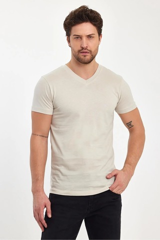 Erkek Compact Penye V Yaka T-shirt Taş