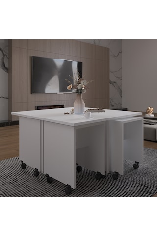 Asra Trend Akıllı Orta Sehpa OS003 %100 MDF 5 Parça Yavrulu Puf Sehpa Seti Beyaz