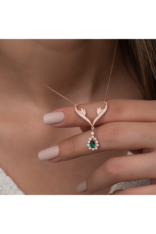 925 Ayar Yeşil Damla Taşlı Tasarım Kolye Kadın Gümüş Kolye