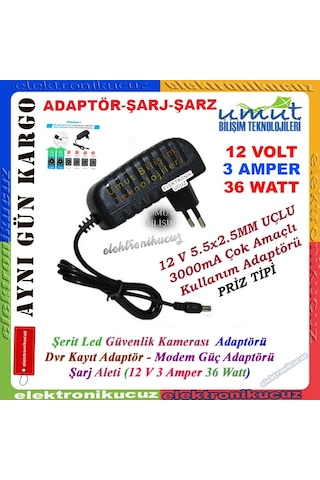 12 Volt 3 Amper Kamera Adaptörü 12v 3a Aadaptör Led Modem