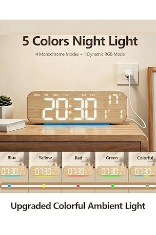 Büyük Ekranlı Ahşap Desenli Dijital Masa Saati 24x9x3 Cm Alarm Çalar Saat Rgb Renkli Led Işıklı Usb Ve Pil Bej