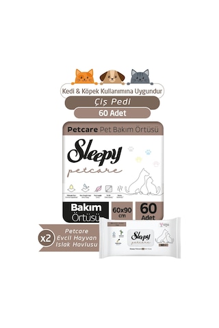 Sleepy Petcare Pet Bakım Örtüsü 2 x 30 Adet + Evcil Hayvan Islak Havlusu 2 x 60 Adet