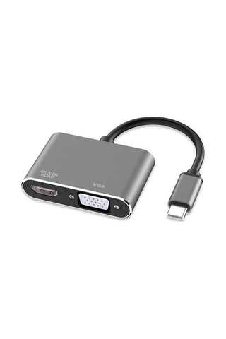 Usb-c 4 Ü 1 Arada 4k Hdmı + Vga + Usb 3.0 + Pd Hızlı Şarj Çoklayıcı Adaptör Gri