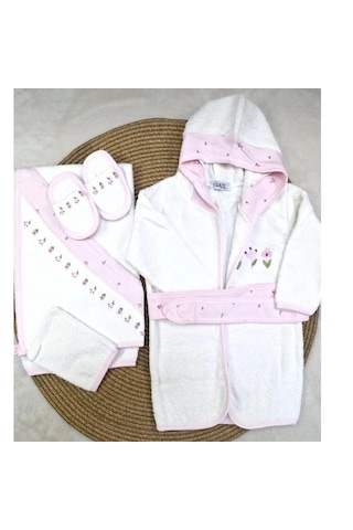 Milays Çiçek Nakışlı Gaye Bornoz Takımı Pembe