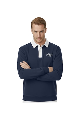 Deepsea Erkek Lacivert Relax Fit İçi Polarlı Polo Yaka Sweatshirt Pamuklu Kalın Sweatshirt 2600762 Lacivert