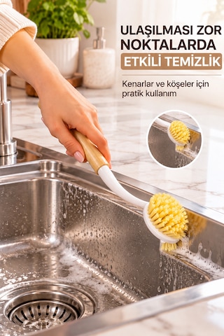 Porsima Bambu Saplı 2'li Bulaşık Ve Lavabo Temizlik Seti - Değiştirilebilir Paslanmaz Tel Bulaşık Fırçası & Çok Amaçlı Yıkama Fırçası Beyaz
