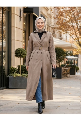 Hb Harma Time Butik Kadın Düğmeli Astarlı Kemerli Bondit Bej Trenç