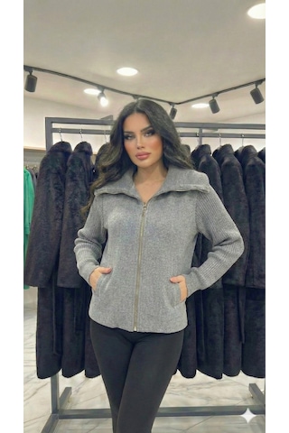 Ribana Classic Kadın Yaka Detaylı Astarlı Slim Fit Kısa Mont Gri