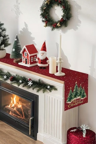 Yılbaşı Konseptli Runner Yılbaşı Dekorasyon Masa Örtüsü Noel Merry Christmas Kırmızı Örtü Kırmızı - 807138394 Kırmızı