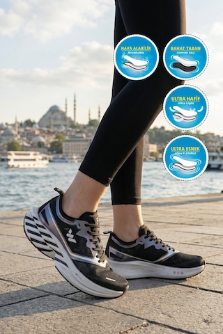 Walkway Siyah-gümüş Hafif Esnek Unisex Koşu Yürüyüş Ve Spor Ayakkabı Space G