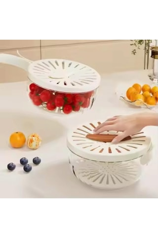 Shineyee Küçük Beyaz Meyve Sebze Yıkama Süzgeci, 2'li Çok Fonksiyonlu Kapaklı Sepet, Katlanabilir Kollü Buzdolabı Saklama Gereci Beyaz