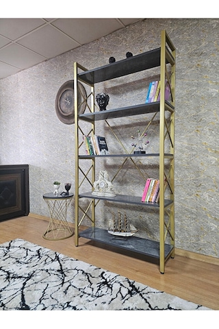 Gold Boyalı Kitaplık - 5 Raflı Suntalem Lüks Kitaplık Aris Gri Çok Renkli