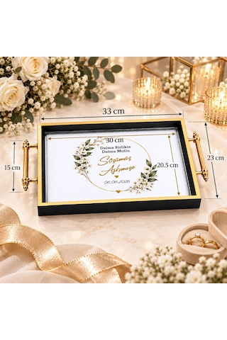 Bk Gift Kişiye Özel Siyah&gold Söz Nişan Tepsisi-5 - 39x23 Cm Çok Renkli