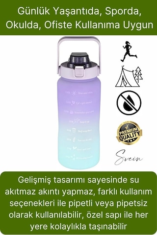 Premium 2 Lt Pipetli Kilitli Sızdırmaz Kapaklı Kamp Sağlıklı Motivasyon Suluk Matara Spor Su Şişesi