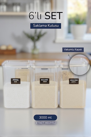 6'lı Etiketli Erzak Bakliyat Kiler Dolap Mutfak Düzenleyici Saklama Kabı Seti 3000 Ml Şeffaf