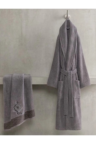 Bicomi %100 Pamuklu Ultra Emici Şal Yaka Erkek Bornoz & Havlu Banyo Seti Antrasit