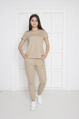 Kadın Spor Koyu Bej Alt-Üst T-Shirt Takım-3941 Koyu Bej