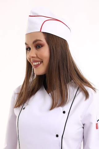 Beyaz Üzerine Kırmızı Biye Aşçı Kayık Kep - Unisex-Standart-Tek Parça