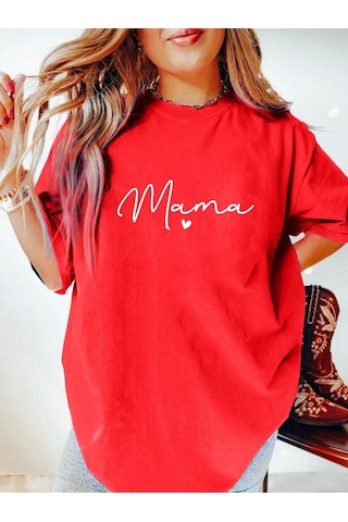 Mama Kalp T-shirt - Kırmızı Baskılı Oversize Bisiklet Yaka Kısa Kol Tişört Kırmızı