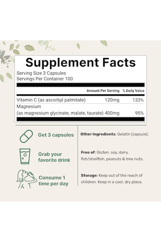 Pure Triple Magnesium Complex Glycine + Malate + Taurate & Vitamin C / 400 Mg 300 Softgels