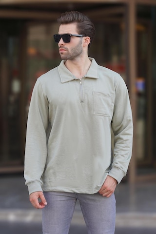 Madmext Mint Yeşili Polo Yaka Fermuarlı Uzun Kollu Erkek Sweatshirt 7057