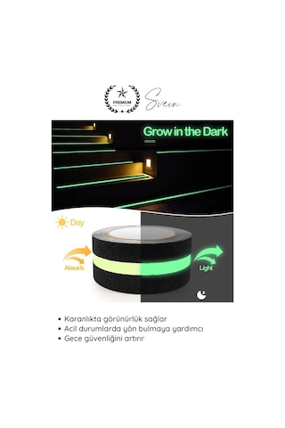Bant 5 Adet Fosforlu Kaydırmaz Merdiven Bandı 5 Cm X 3 M Fotolümenli Yeşil Zemin Güvenlik Basamak