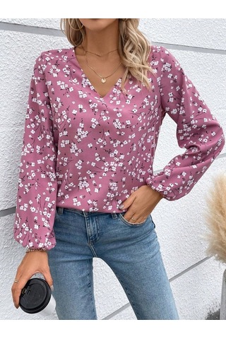 Moderie Butik Kadın Uzun Kollu V Yakalı Çiçek Desenli Modal Bluz Pembe