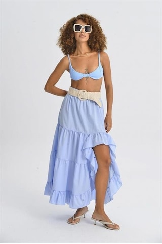 Audrey Fıfrlı Yırtmaç Detay Etek 4037 Mavi