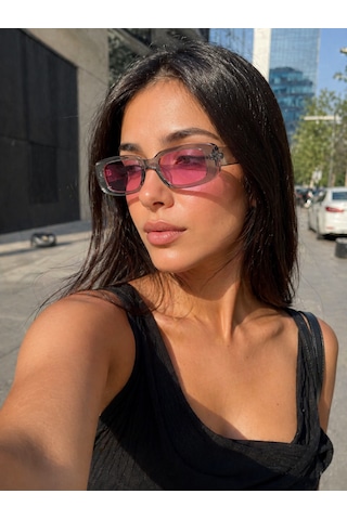 Kadın Şeffaf Güneş Gözlüğü Siyah Cam Dikdörtgen Çerçeve Retro Y2k Vintage Uv400 Gri - Pembe