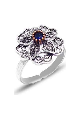 Safir Taşlı Gül Model Oksitli 925 Ayar Gümüş Telkari Kadın Üçlü Set 201025644