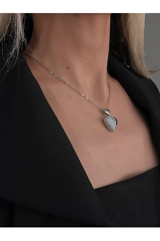 Eva Takı Store Bombeli Kalp Zirkon Taşlı Silver Renk Kolye Silver