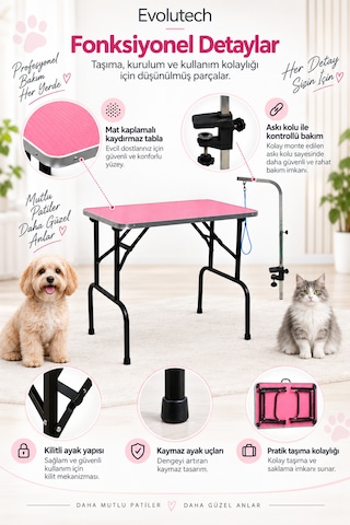 Pet Grooming Katlanabilir Pembe Taşınabilir Pet Kuaför Masası 80 Cm X 50 Cm