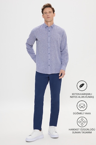 AC&Co / Altınyıldız Classics Erkek Lacivert Comfort Fit Rahat Kesim Düğmeli Yaka Casual Keten Gömlek 4A2022200085LACXL Lacivert